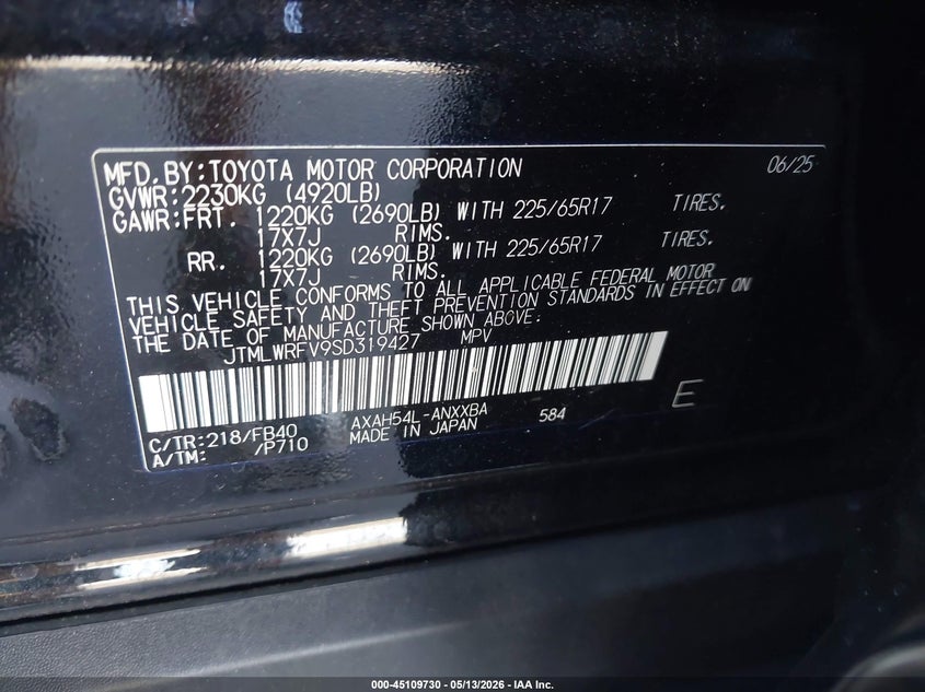 2025 Toyota Rav 4 VIN JTMLWRFV9SD319427 IAAI salvage auction — RIGHT FRONT, Rebuildable (Florida), sold $13,500 on 2026-07-10 (photo 9)