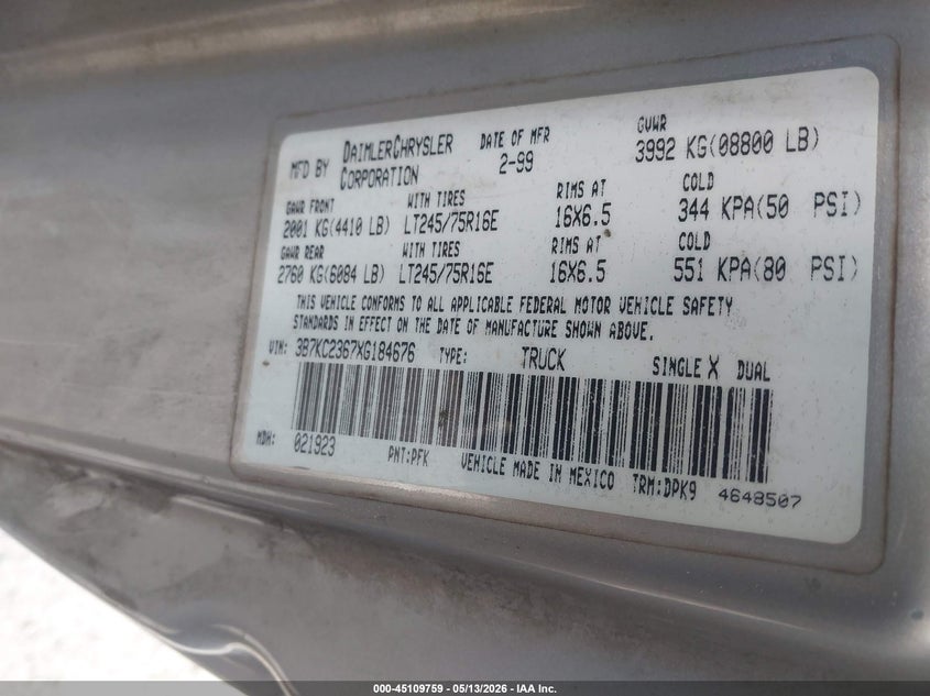 1999 Dodge Ram 2500 VIN 3B7KC2367XG184676 IAAI salvage auction — FRONT END, Salvage (Texas), sold $2,050 on 2026-07-31 (photo 9)