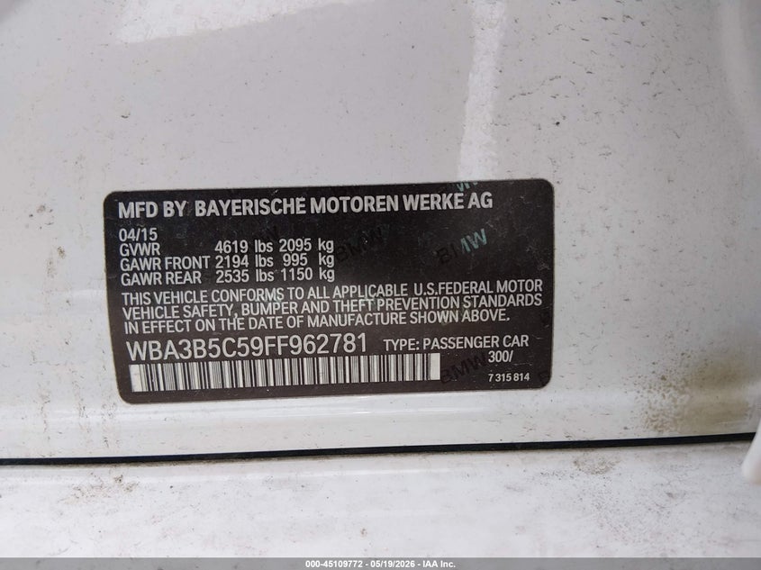 2015 BMW 3er VIN WBA3B5C59FF962781 IAAI salvage auction — FRONT END, Salvage (New Jersey), sold $950 on 2026-08-12 (photo 9)