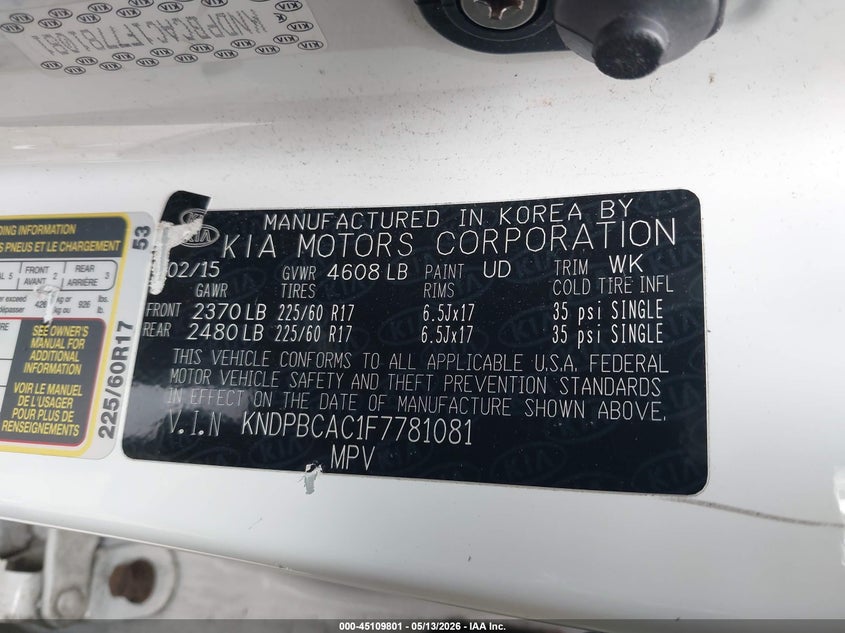 2015 Kia Sportage VIN KNDPBCAC1F7781081 IAAI salvage auction — FRONT END, Salvage (New Hampshire), sold $1,500 on 2026-07-17 (photo 9)