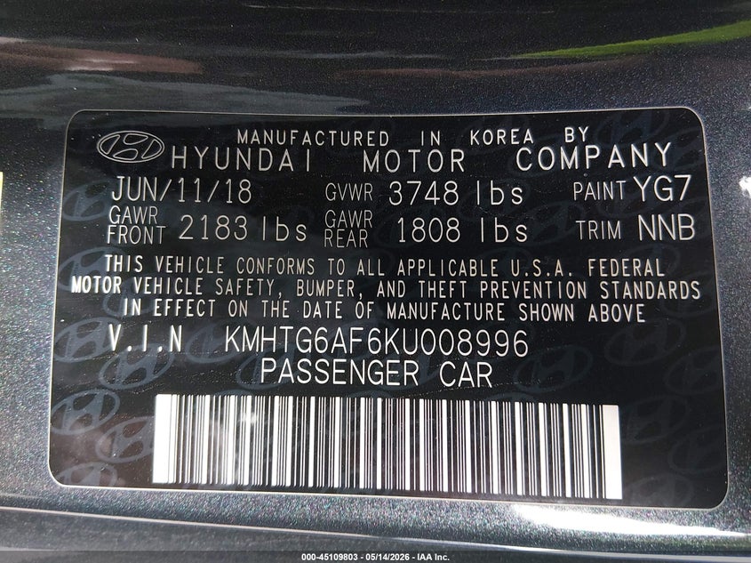 2019 Hyundai Veloster VIN KMHTG6AF6KU008996 IAAI salvage auction — FRONT END, Salvage (Ohio), sold $1,200 on 2026-07-15 (photo 9)