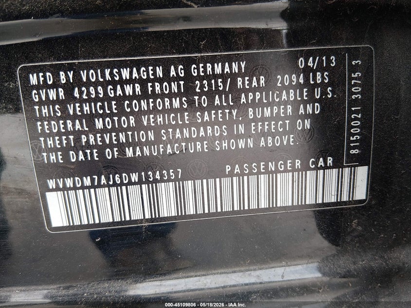 2013 Volkswagen Golf VIN WVWDM7AJ6DW134357 IAAI salvage auction — RIGHT FRONT, Salvage (Oregon), sold $1,400 on 2026-07-28 (photo 9)