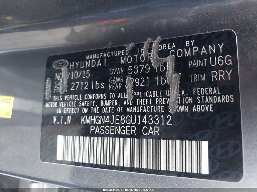 2016 Hyundai Genesis VIN KMHGN4JE8GU143312 IAAI salvage auction — RIGHT FRONT, Salvage Title, sold $2,700 on 2026-07-15 (photo 9)