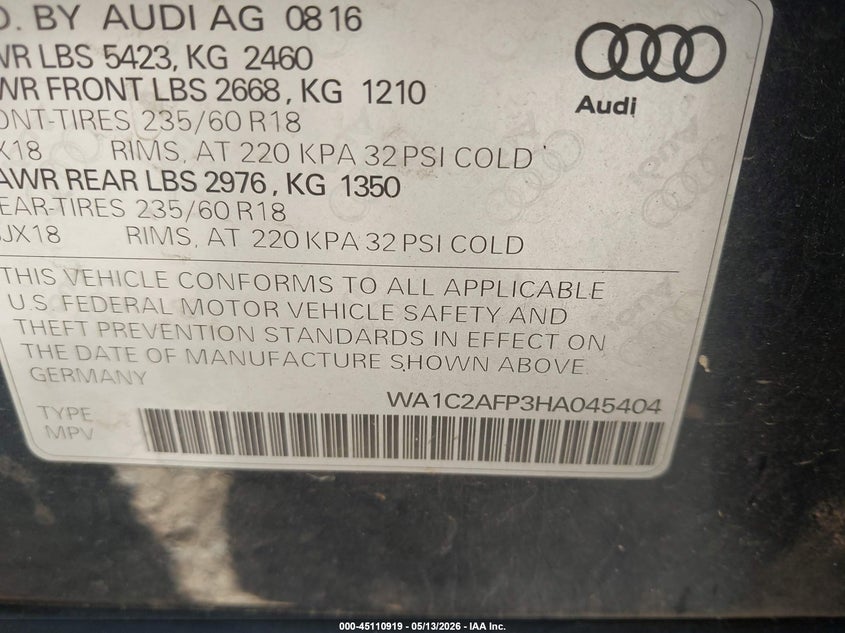 2017 Audi Q5 VIN WA1C2AFP3HA045404 IAAI salvage auction — LEFT SIDE, Salvage (North Carolina), sold $1,775 on 2026-07-13 (photo 9)