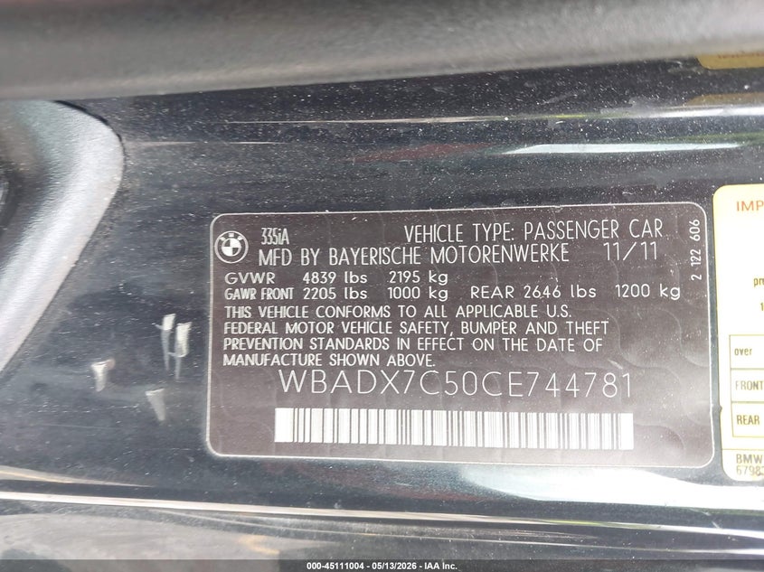 2012 BMW 3er VIN WBADX7C50CE744781 IAAI salvage auction — FRONT END, Rebuildable (Florida), sold $1,000 on 2026-07-13 (photo 9)