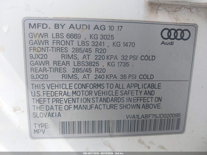 2018 Audi Q7 VIN WA1LABF75JD020095 IAAI salvage auction — FRONT END, Salvage (Montana), sold $4,650 on 2026-07-10 (photo 9)
