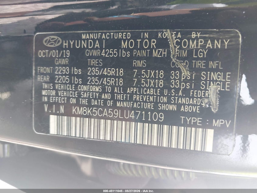 2020 Hyundai Kona VIN KM8K5CA59LU471109 IAAI salvage auction — FRONT END, Salvage Title, sold $5,500 on 2026-07-14 (photo 9)