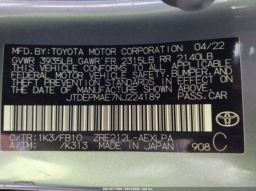 2022 Toyota Corolla VIN JTDEPMAE7NJ224189 IAAI salvage auction — LEFT REAR, Rebuildable (Florida), sold $3,900 on 2026-07-20 (photo 9)