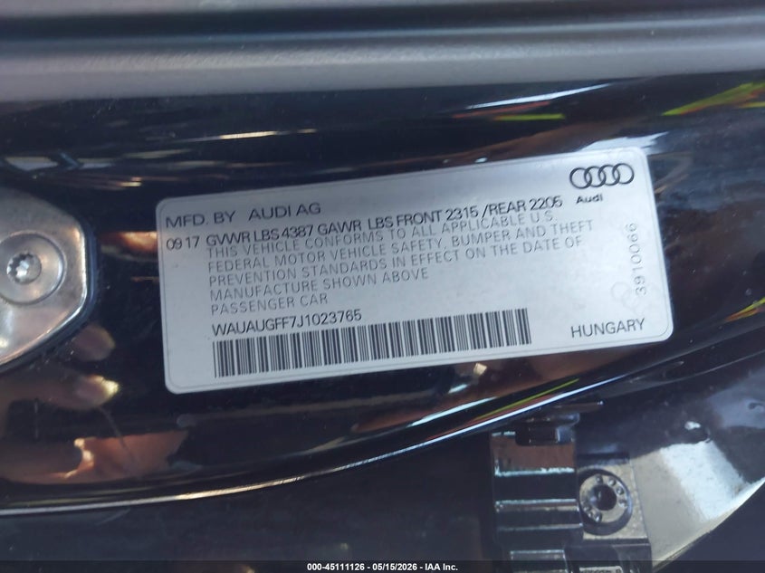 2018 Audi A3 VIN WAUAUGFF7J1023765 IAAI salvage auction — RIGHT SIDE, Salvage (Georgia), sold $2,200 on 2026-07-29 (photo 9)