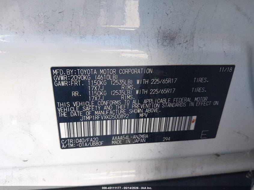 2019 Toyota Rav 4 VIN JTMP1RFVXKD500892 IAAI salvage auction — RIGHT FRONT, Salvage (California), sold $5,650 on 2026-07-06 (photo 9)