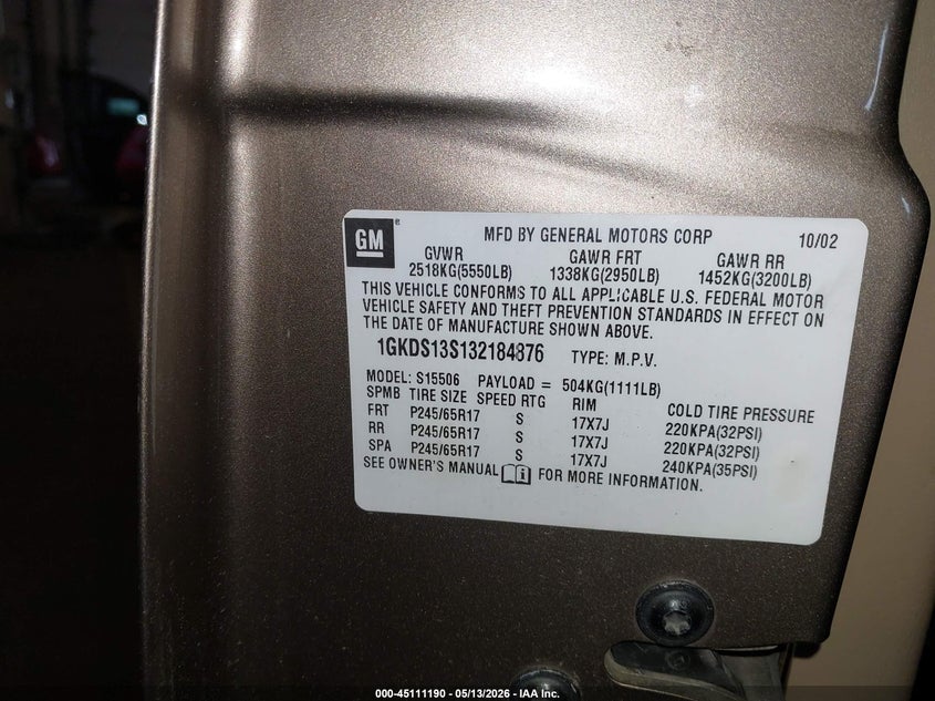 2003 Gmc Envoy VIN 1GKDS13S132184876 IAAI salvage auction — FRONT END, Salvage (Oregon), sold $200 on 2026-07-09 (photo 9)