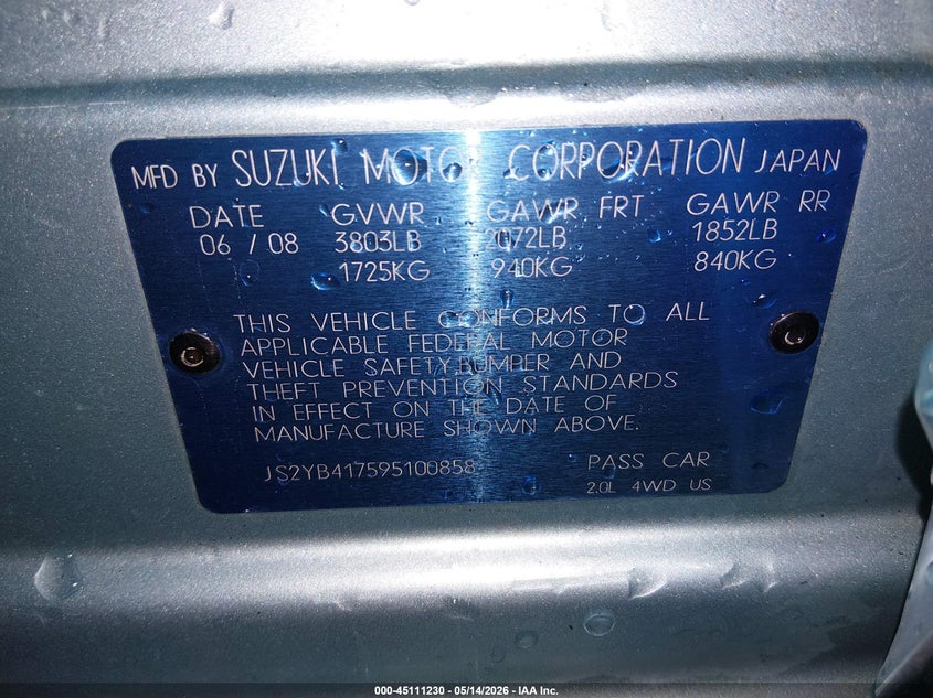 2009 Suzuki Sx4 VIN JS2YB417595100858 IAAI salvage auction — FRONT END, Salvage (Idaho), sold $100 on 2026-07-17 (photo 9)