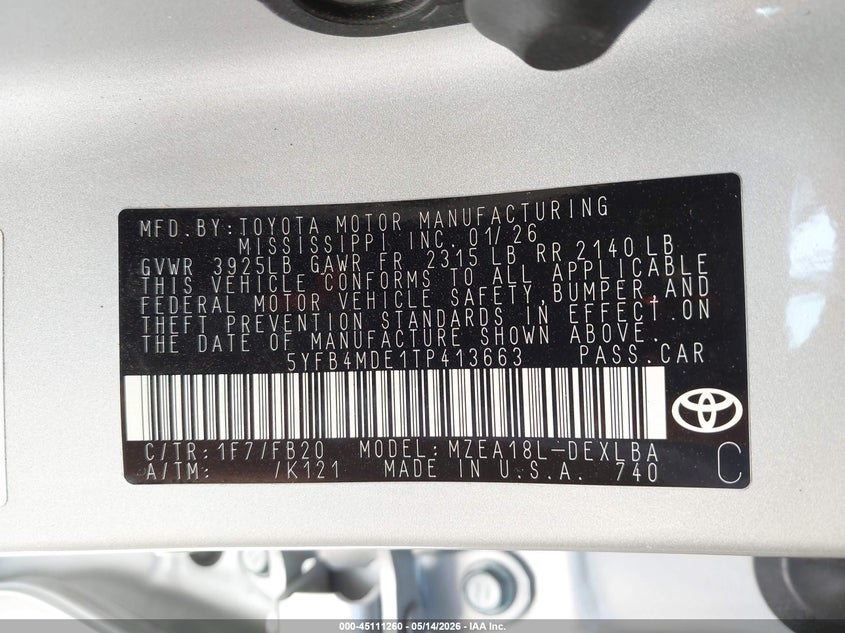 2026 Toyota Corolla VIN 5YFB4MDE1TP413663 IAAI salvage auction — FRONT END, Salvage (Texas), sold $4,050 on 2026-07-21 (photo 9)