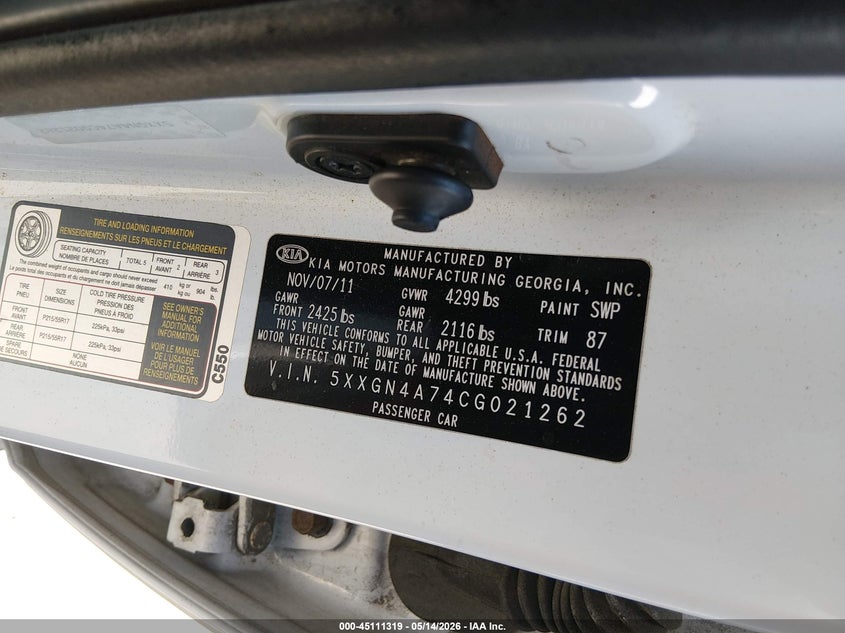 2012 Kia Optima VIN 5XXGN4A74CG021262 IAAI salvage auction — FRONT END, Salvage (Ohio), sold $25 on 2026-07-28 (photo 9)