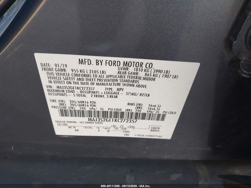 2019 Ford Ecosport VIN MAJ3S2GE1KC272357 IAAI salvage auction — VANDALISM, Salvage (California), sold $1,000 on 2026-07-22 (photo 9)