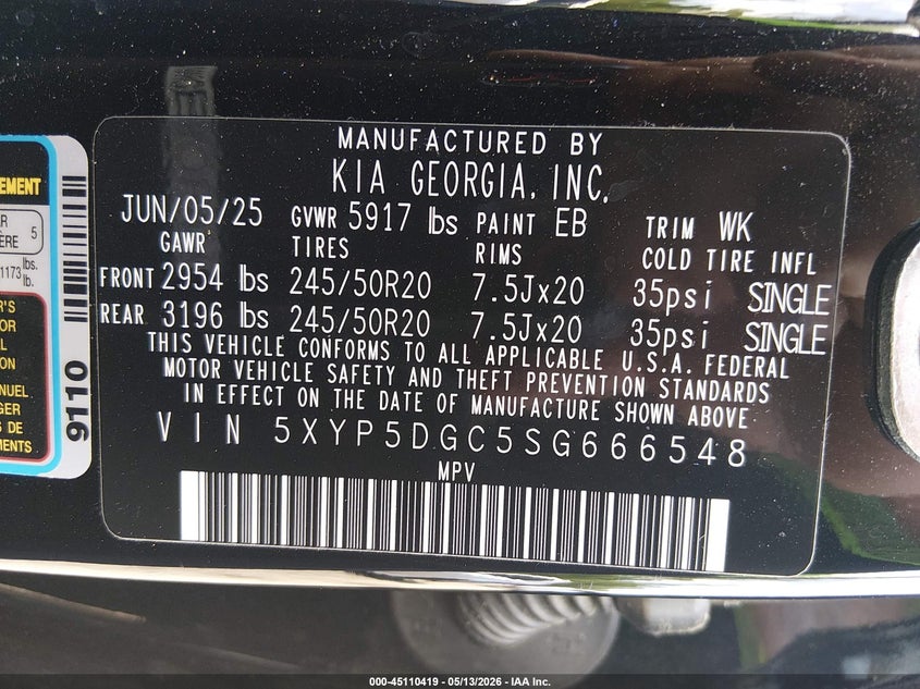 2025 Kia Telluride VIN 5XYP5DGC5SG666548 IAAI salvage auction — FRONT END, Clear (South Carolina), sold $14,200 on 2026-07-22 (photo 9)