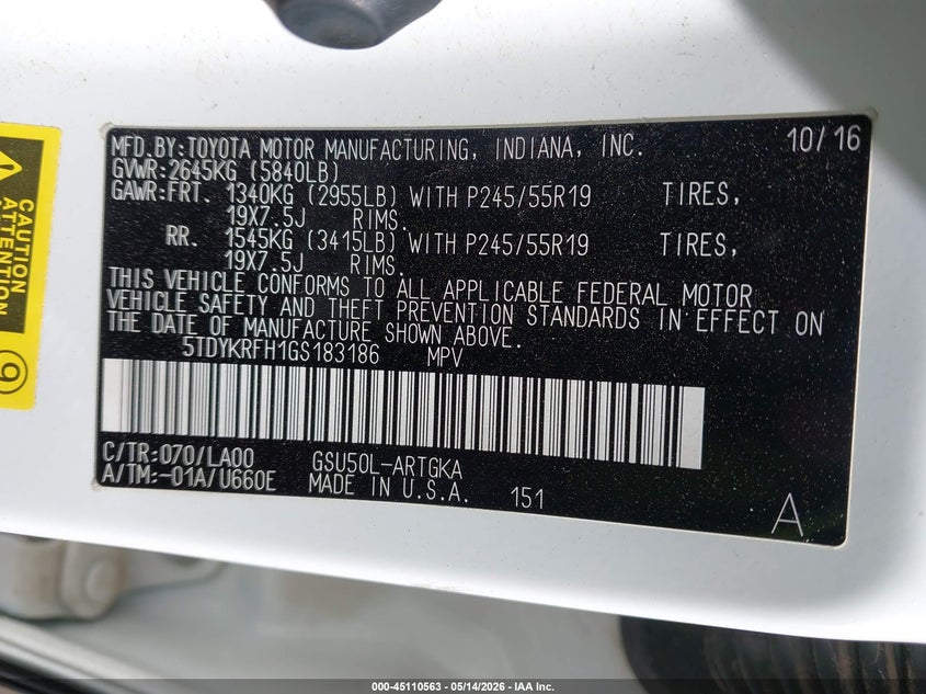 2016 Toyota Highlander VIN 5TDYKRFH1GS183186 IAAI salvage auction — FRONT END, Original (Texas), sold $6,400 on 2026-07-28 (photo 9)