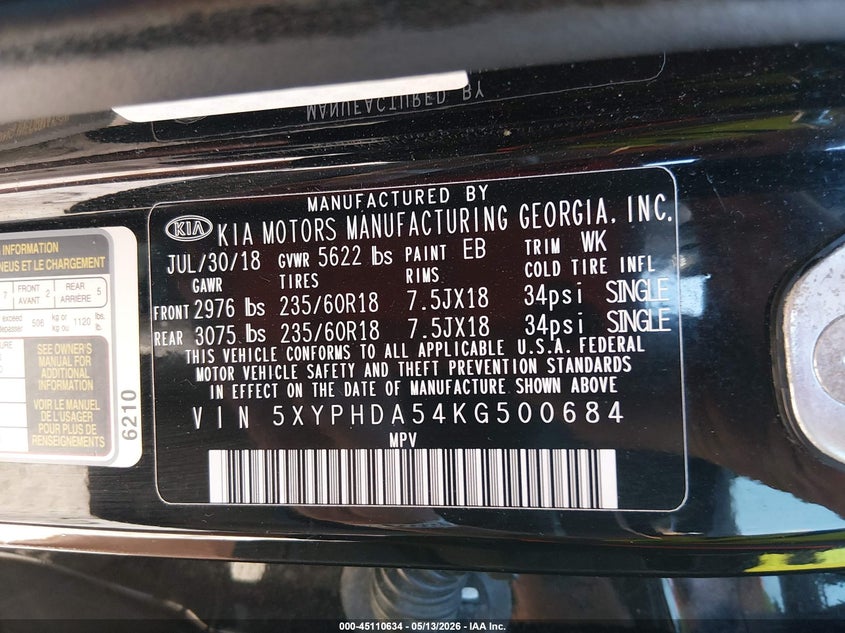 2019 Kia Sorento VIN 5XYPHDA54KG500684 IAAI salvage auction — FRONT END, Salvage (Mississippi), sold $3,350 on 2026-07-25 (photo 9)