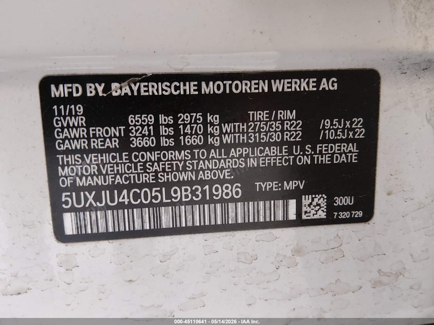 2020 BMW X5 VIN 5UXJU4C05L9B31986 IAAI salvage auction — LEFT SIDE, Salvage (Louisiana), sold $17,150 on 2026-07-29 (photo 9)