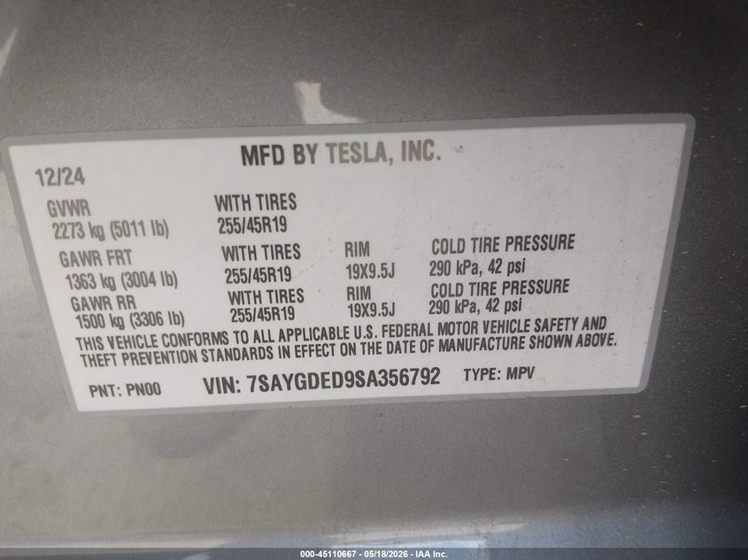 2025 Tesla Model y VIN 7SAYGDED9SA356792 IAAI salvage auction — FRONT END, Salvage (Georgia), sold $14,800 on 2026-07-09 (photo 9)