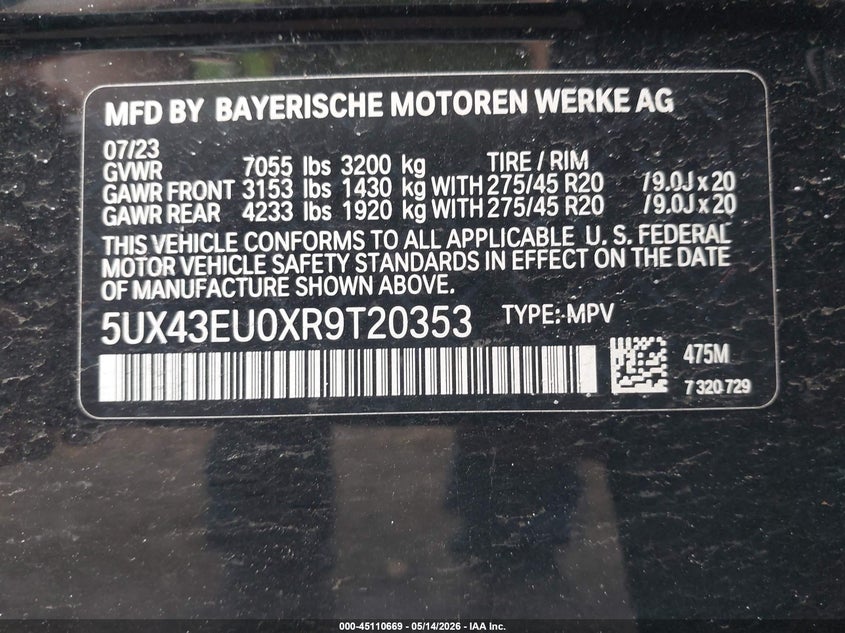 2024 BMW X5 VIN 5UX43EU0XR9T20353 IAAI salvage auction — REAR END, Salvage - 75% Or Less (Maryland), sold $34,800 on 2026-07-06 (photo 9)