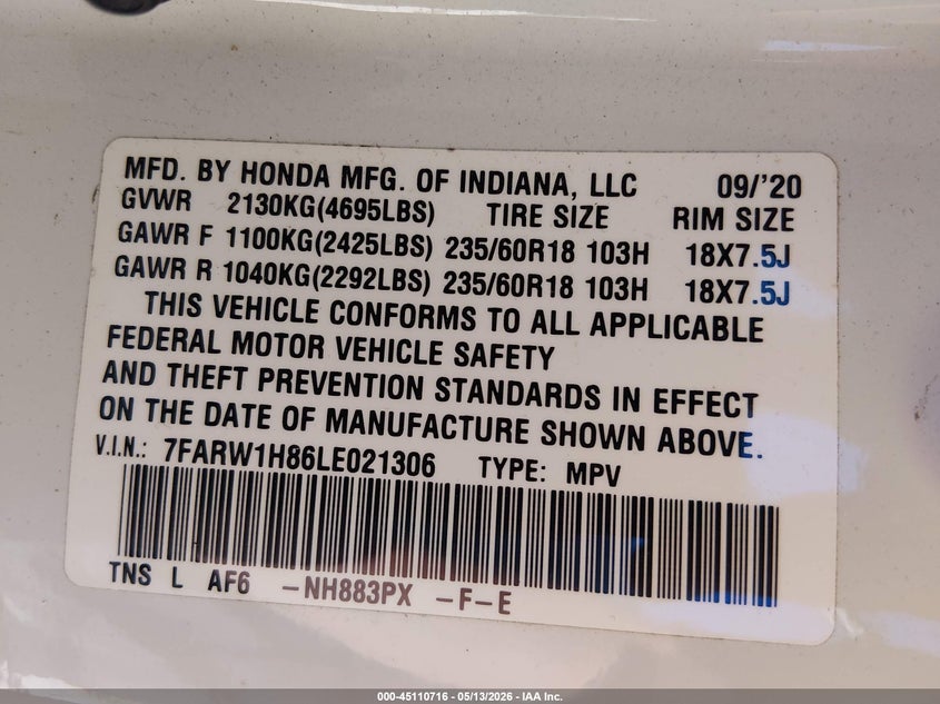 2020 Honda Cr-v VIN 7FARW1H86LE021306 IAAI salvage auction — RIGHT SIDE, Salvage (Louisiana), sold $7,475 on 2026-07-13 (photo 9)
