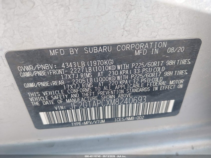 2021 Subaru Xv VIN JF2GTAPCXM8240693 IAAI salvage auction — FRONT END, Salvage (Iowa), sold $750 on 2026-07-07 (photo 9)