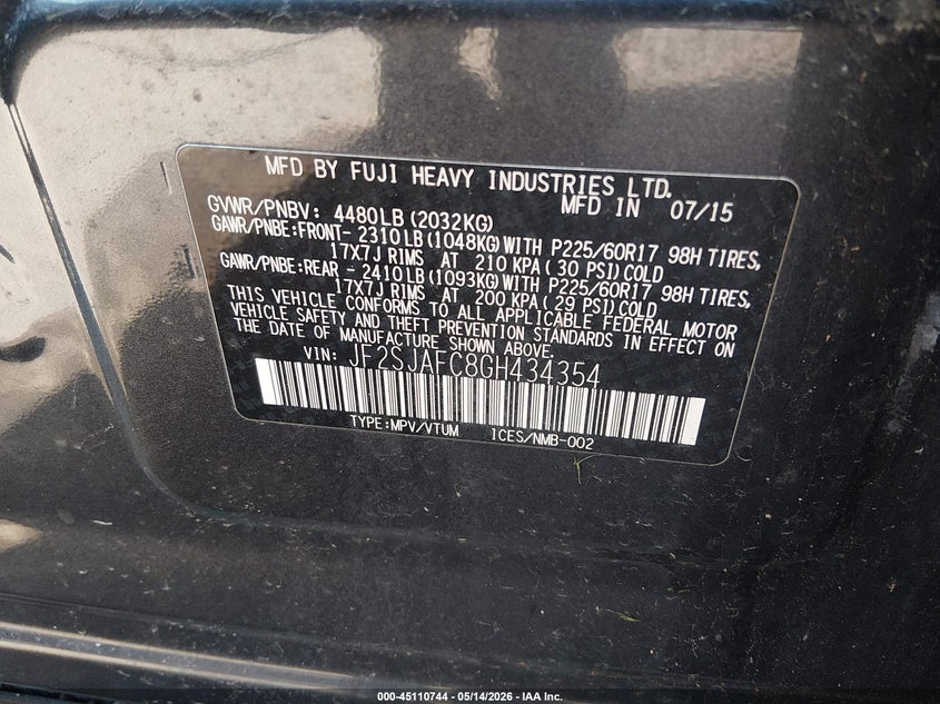 2016 Subaru Forester VIN JF2SJAFC8GH434354 IAAI salvage auction — HAIL, Salvage (Ohio), sold $475 on 2026-07-21 (photo 9)