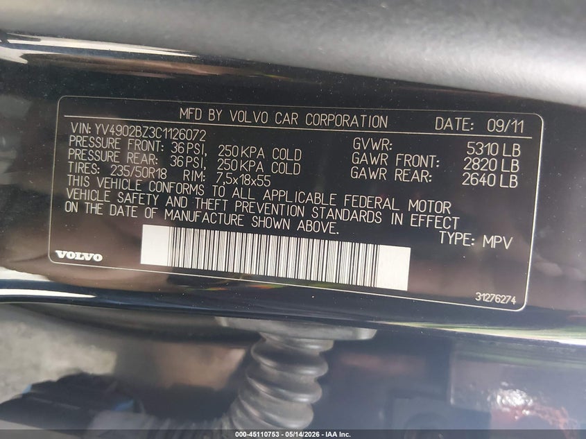 2012 Volvo Xc70 VIN YV4902BZ3C1126072 IAAI salvage auction — RIGHT SIDE, Salvage (Colorado), sold $1,700 on 2026-07-17 (photo 9)