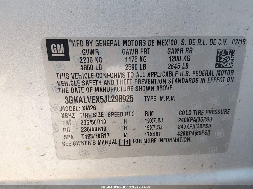 2018 Gmc Terrain VIN 3GKALVEX5JL298925 IAAI salvage auction — REAR END, Salvage (West Virginia), sold $3,850 on 2026-08-02 (photo 9)