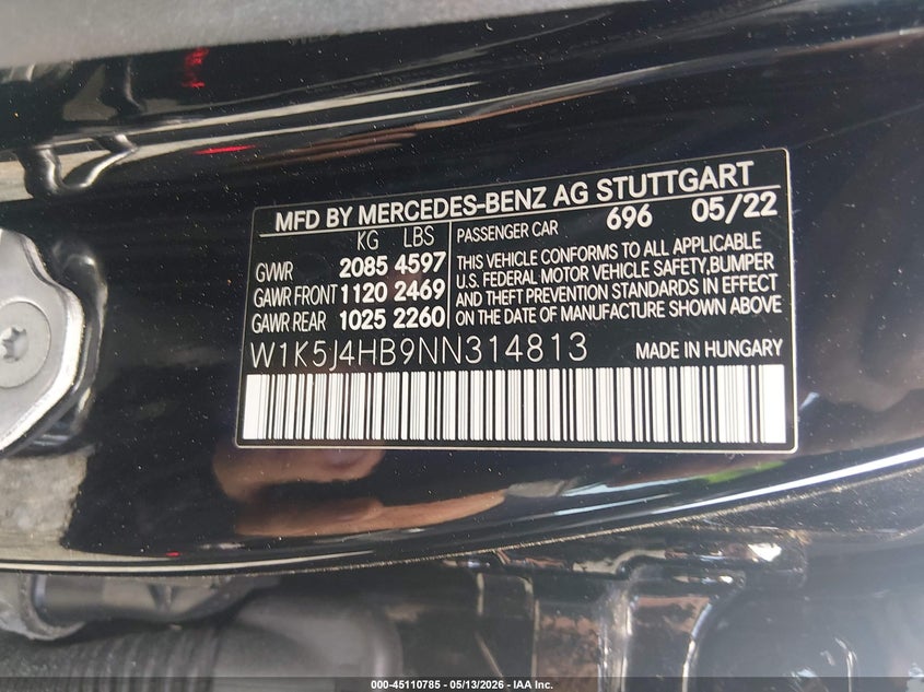 2022 Mercedes-benz VIN W1K5J4HB9NN314813 IAAI salvage auction — FRONT END, Salvage (Georgia), sold $10,225 on 2026-07-13 (photo 9)