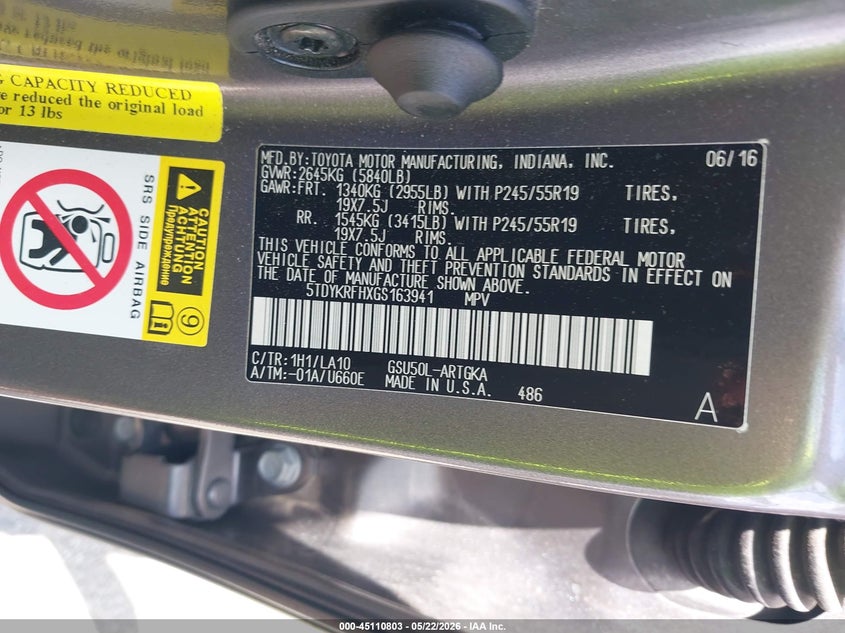 2016 Toyota Highlander VIN 5TDYKRFHXGS163941 IAAI salvage auction — FRONT END, Salvage (Louisiana), sold $7,550 on 2026-07-07 (photo 9)