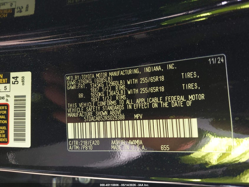 2024 Toyota Highlander VIN 5TDACAB52RS029388 IAAI salvage auction — FRONT END, Salvage (North Carolina), sold $18,100 on 2026-08-02 (photo 9)