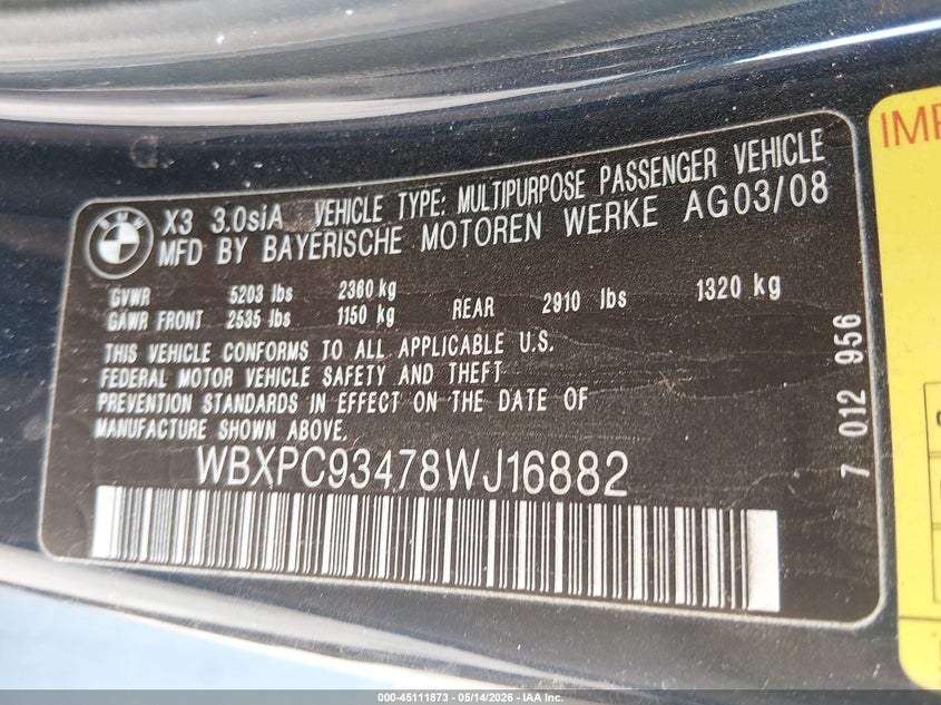 2008 BMW X3 VIN WBXPC93478WJ16882 IAAI salvage auction — FRONT END, Salvage (Texas), sold $300 on 2026-07-28 (photo 9)
