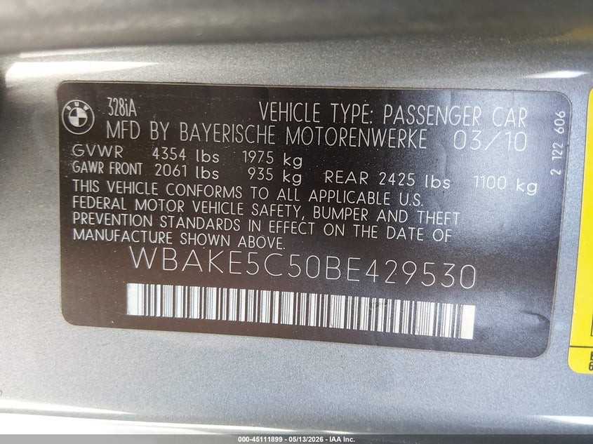 2011 BMW 3 series VIN WBAKE5C50BE429530 IAAI salvage auction — NORMAL WEAR, Clear - Dealer Only (California), sold $1,000 on 2026-07-23 (photo 9)