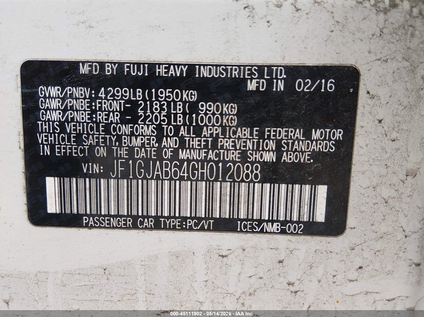 2016 Subaru Impreza VIN JF1GJAB64GH012088 IAAI salvage auction — REAR END, Salvage (Maine), sold $700 on 2026-07-20 (photo 9)