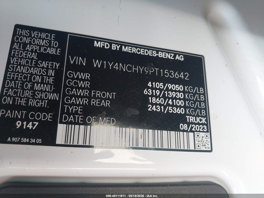 2023 Mercedes-benz Sprinter VIN W1Y4NCHY9PT153642 IAAI salvage auction — LEFT REAR, Salvage - 75% Or Less (Maryland), sold $15,000 on 2026-07-29 (photo 9)