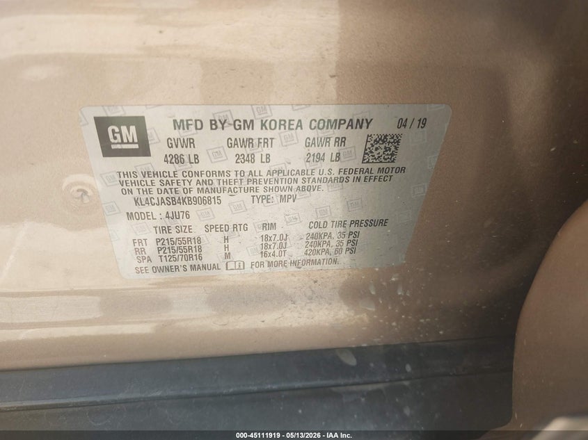 2019 Buick Encore VIN KL4CJASB4KB906815 IAAI salvage auction — HAIL, Original (Texas), sold $1,425 on 2026-07-22 (photo 9)