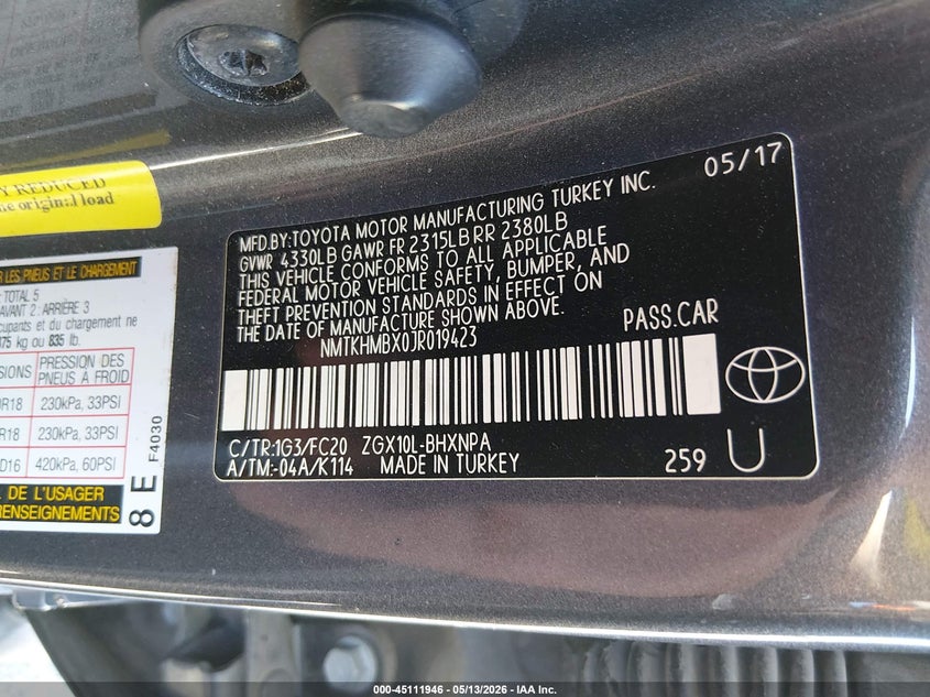 2018 Toyota C-hr VIN NMTKHMBX0JR019423 IAAI salvage auction — SIDE, Original (Texas), sold $4,800 on 2026-07-14 (photo 9)