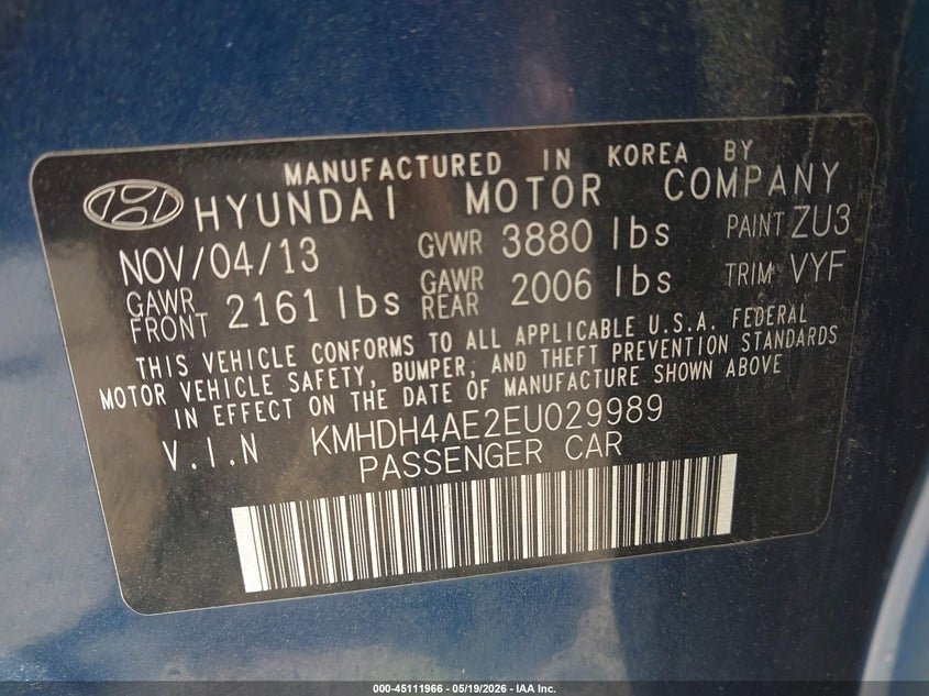 2014 Hyundai Elantra VIN KMHDH4AE2EU029989 IAAI salvage auction — FRONT END, Rebuildable (Florida), sold $475 on 2026-07-23 (photo 9)