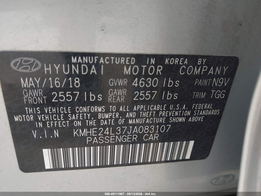 2018 Hyundai Sonata VIN KMHE24L37JA083107 IAAI salvage auction — FRONT END, Salvage - Greater Than 75% (Maryland), sold $3,250 on 2026-07-21 (photo 9)