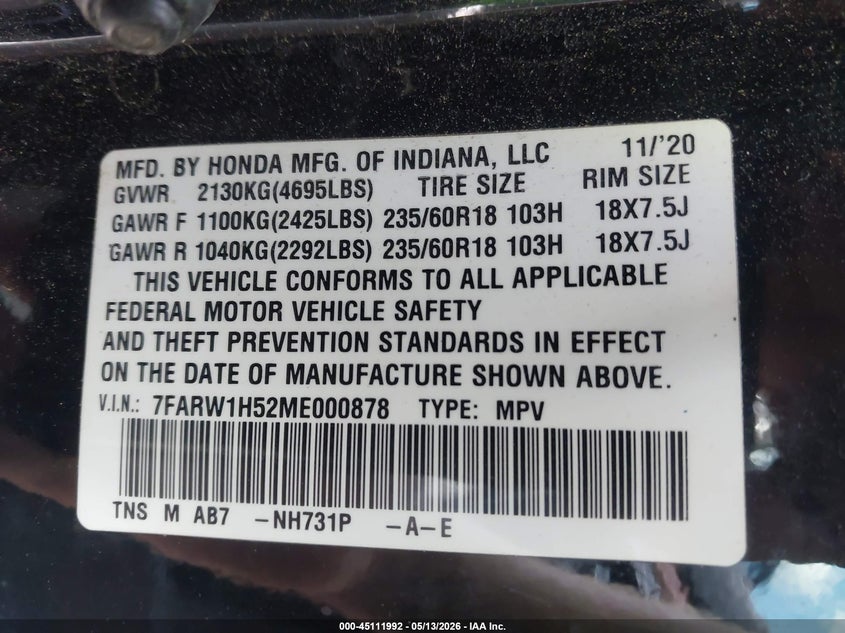 2021 Honda Cr-v VIN 7FARW1H52ME000878 IAAI salvage auction — FRONT END, Salvage (North Carolina), sold $25 on 2026-07-29 (photo 9)