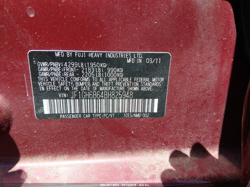 2011 Subaru Impreza VIN JF1GH6B64BH825948 IAAI salvage auction — FRONT & REAR, Salvage (South Carolina), sold $300 on 2026-07-14 (photo 9)