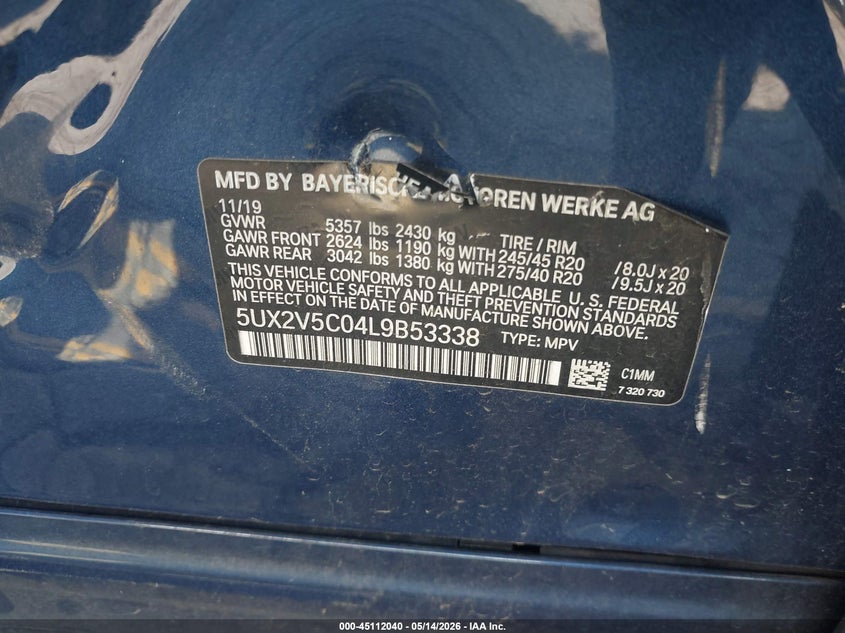 2020 BMW X4 VIN 5UX2V5C04L9B53338 IAAI salvage auction — LEFT SIDE, Salvage (Georgia), sold $12,700 on 2026-07-29 (photo 9)