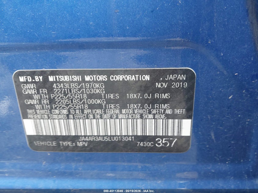 2020 Mitsubishi Outlander VIN JA4AR3AU5LU013041 IAAI salvage auction — FRONT END, Mv-907A (New York), sold $2,325 on 2026-07-07 (photo 9)