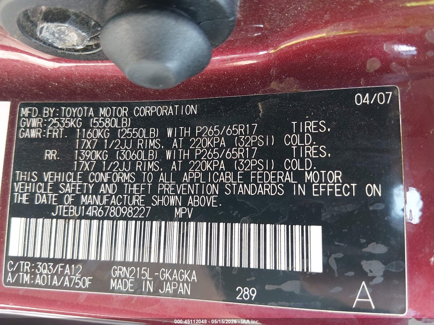 2007 Toyota 4runner VIN JTEBU14R678098227 IAAI salvage auction — RIGHT SIDE, Salvage (West Virginia), sold $3,950 on 2026-07-16 (photo 9)