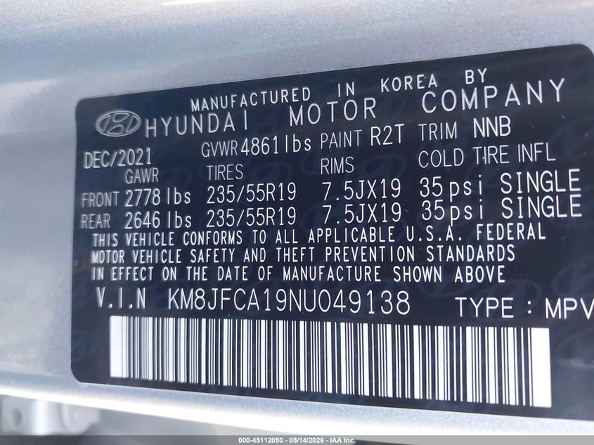 2022 Hyundai Tucson VIN KM8JFCA19NU049138 IAAI salvage auction — FRONT END, Original (Texas), sold $5,150 on 2026-07-21 (photo 9)