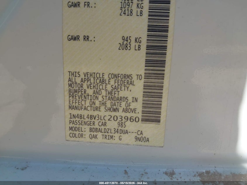 2020 Nissan Altima VIN 1N4BL4BV3LC203960 IAAI salvage auction — REAR END, Salvage Title, sold $1,600 on 2026-08-23 (photo 9)
