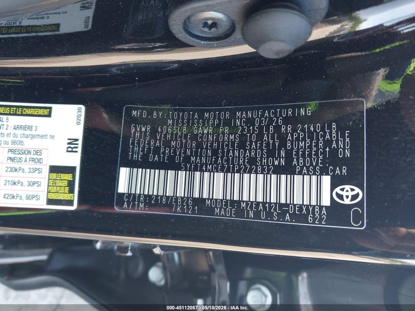 2026 Toyota Corolla VIN 5YFT4MCE7TP272832 IAAI salvage auction — ALL OVER, Mv-907A (New York), sold $9,500 on 2026-07-07 (photo 9)