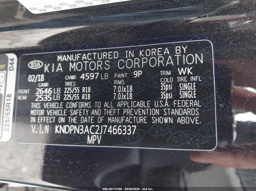 2018 Kia Sportage VIN KNDPN3AC2J7466337 IAAI salvage auction — RIGHT SIDE, Clear (Oklahoma), sold $2,750 on 2026-07-29 (photo 9)
